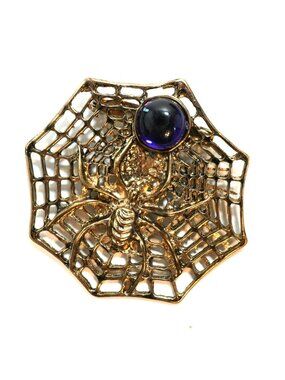 Vintage Spider Web Brooch Gold Tone Purple Glass Cabochon Halloween Pin